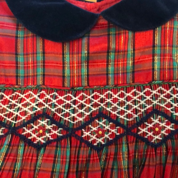 Smocked Silk Blend Navy Velvet Collar Dress - Picture 2 of 4